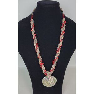 Vtg Coral & Shell‎ Necklace w. Abalone Pendant 28"